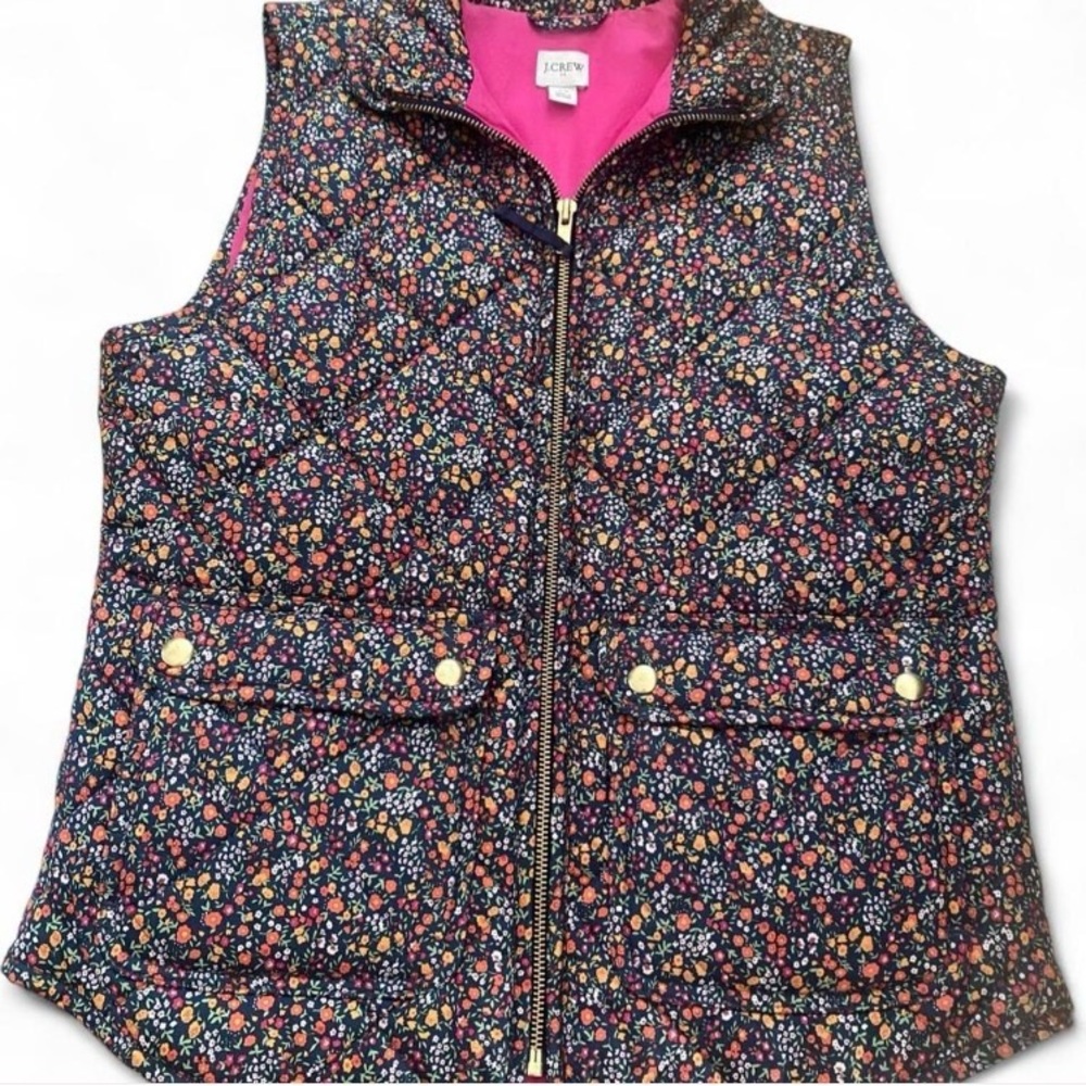 J. Crew Women's Floral Puffer Vest - Navy and Pink XS
